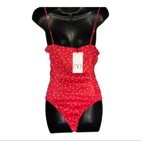 Zara red retro satin silk look stars lace-up spaghetti strap bodysuit size Large - Picture 7 of 14